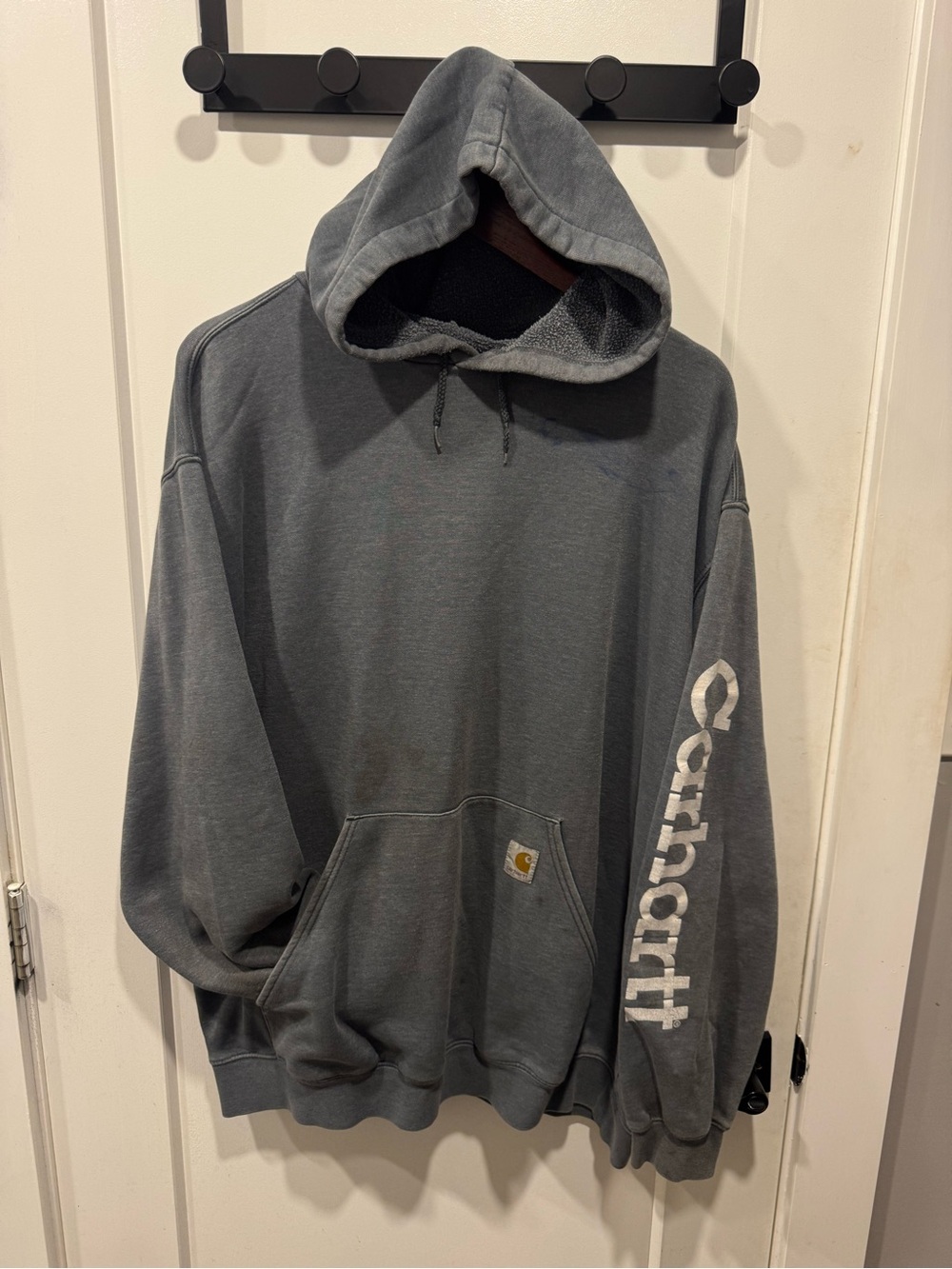 Vintage Carhartt Gray Men's Pullover Hooded Sweatshirt with Sleeve Logo (2XL)